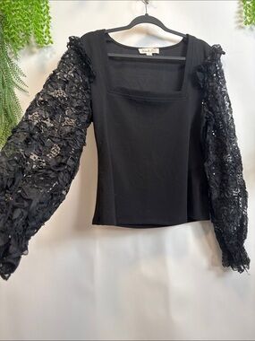 Vine & Love Black Square Neck Long Sleeve Top with Lace Sequin Sleeves